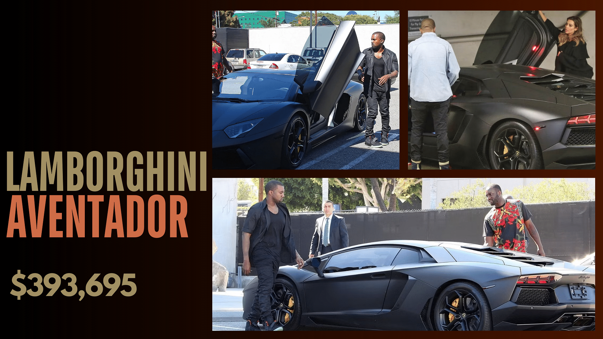 Collage of kanye west's Lamborghini Aventador