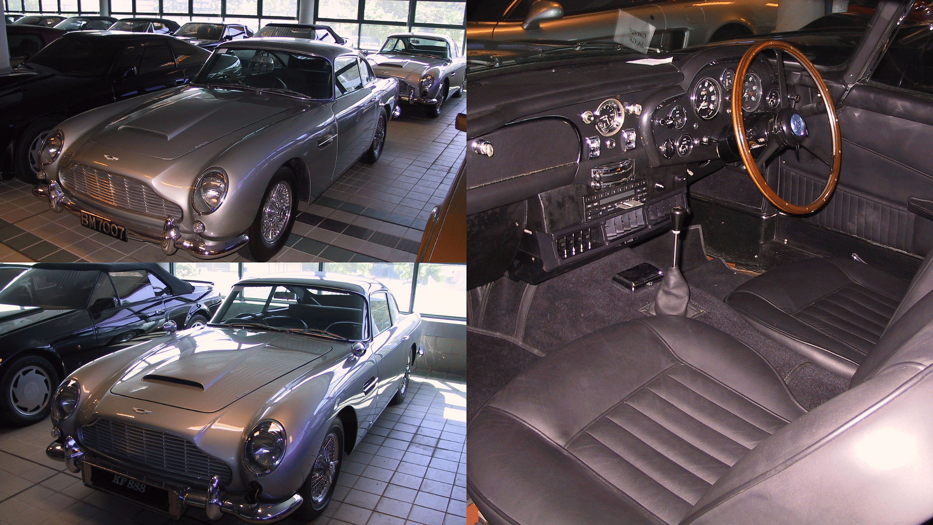 Sultan of Brunei's Aston Martin DB5 shown in silver along with an interior view which features dark grey theme