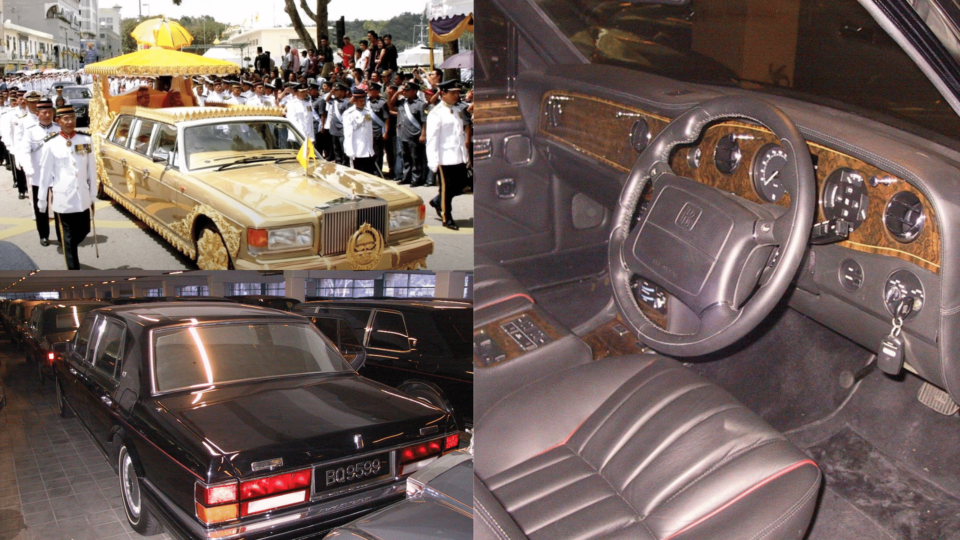 Sultan of Brunei's Rolls-Royce Silver Spur with golden plating shown along with a black silver spur and a snapshot of the interior from the driver's seat