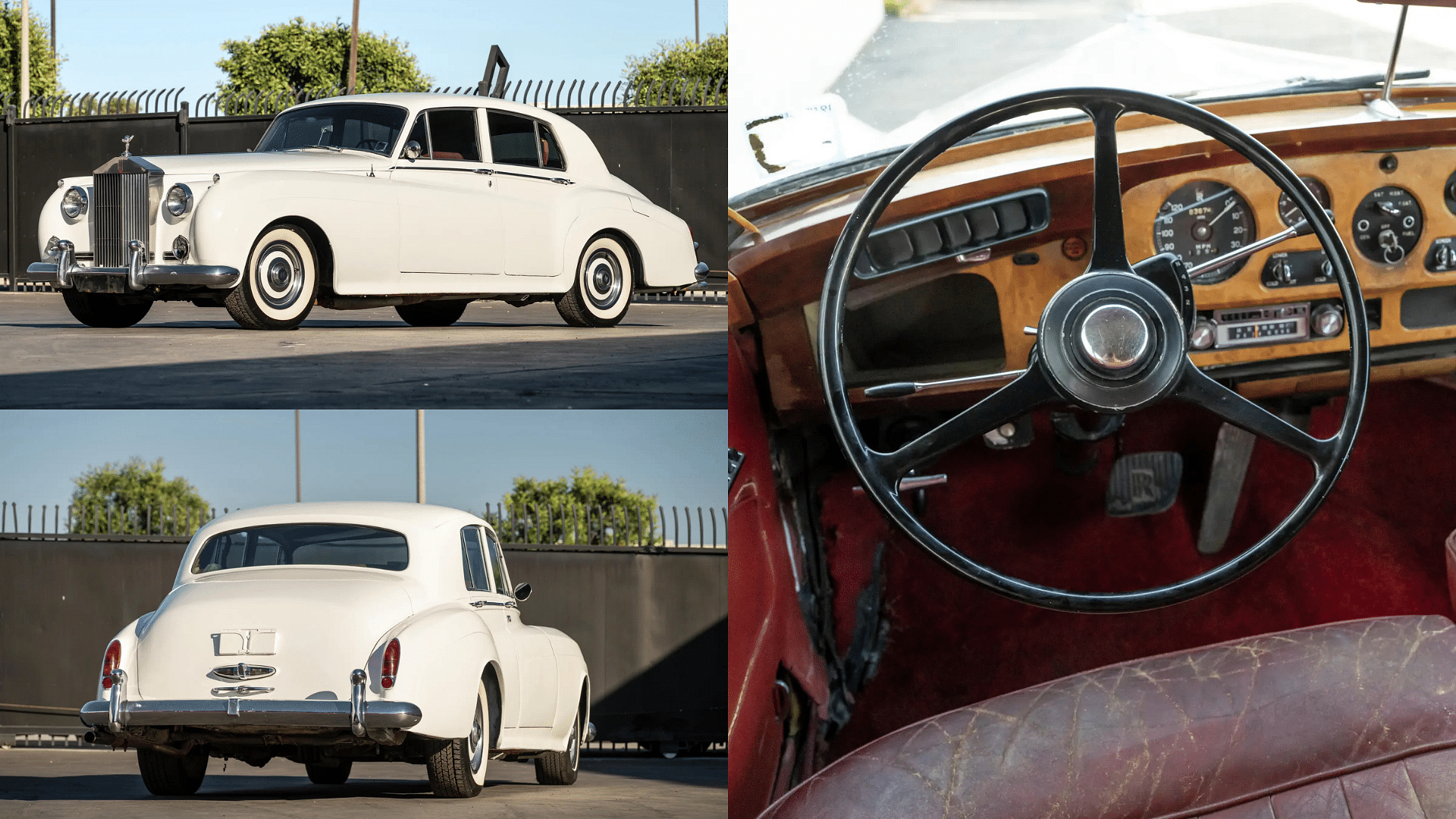 Stock images of Sultan of Brunei's Rolls-Royce Silver Cloud shown in white with front and rear end view along with a top view of the interior and steering wheel