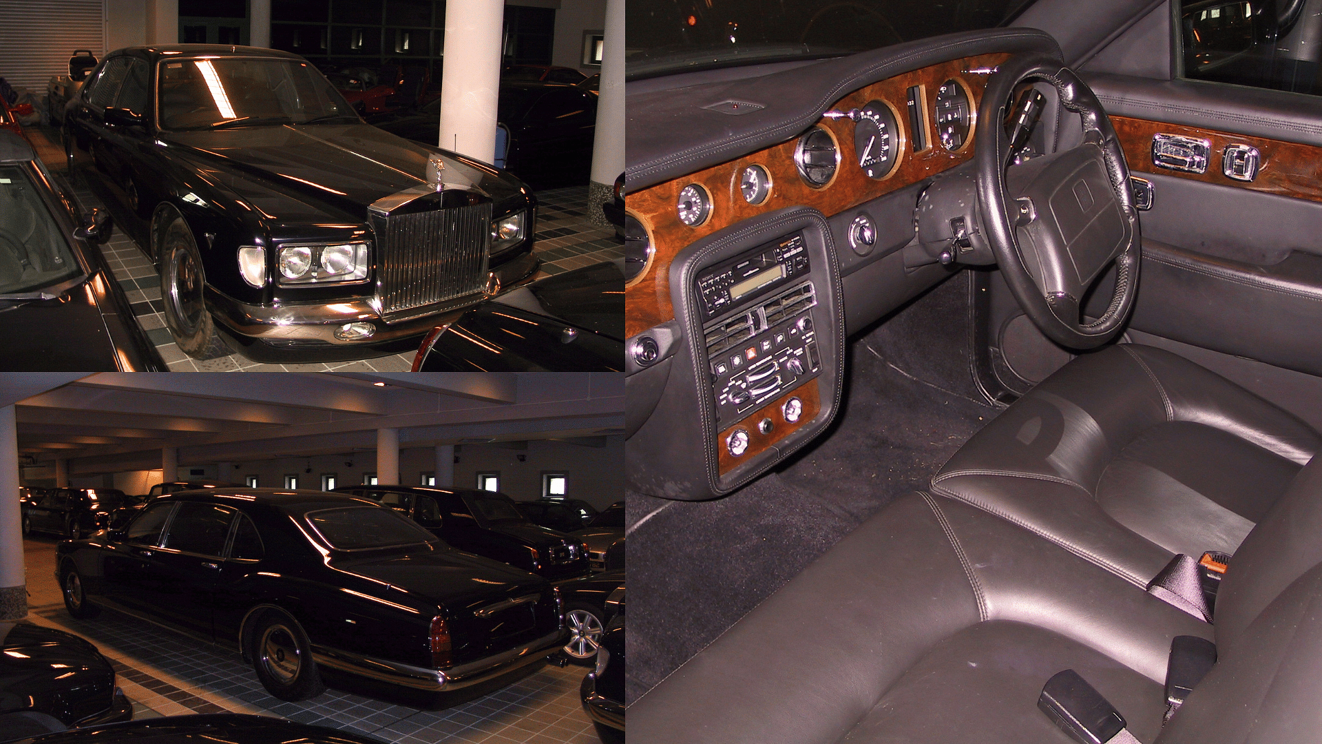 Sultan of Brunei's Rolls-Royce Royale shown in black color with the dark grey interior and brown wood accents in the cabin