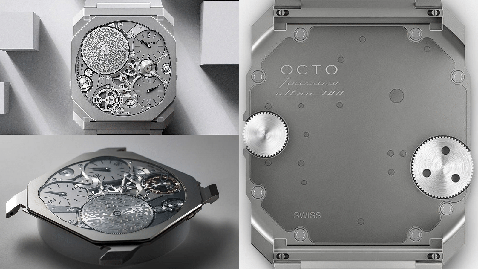 Bvlgari Octo Finissimo Ultra shown from top angle along with the back side